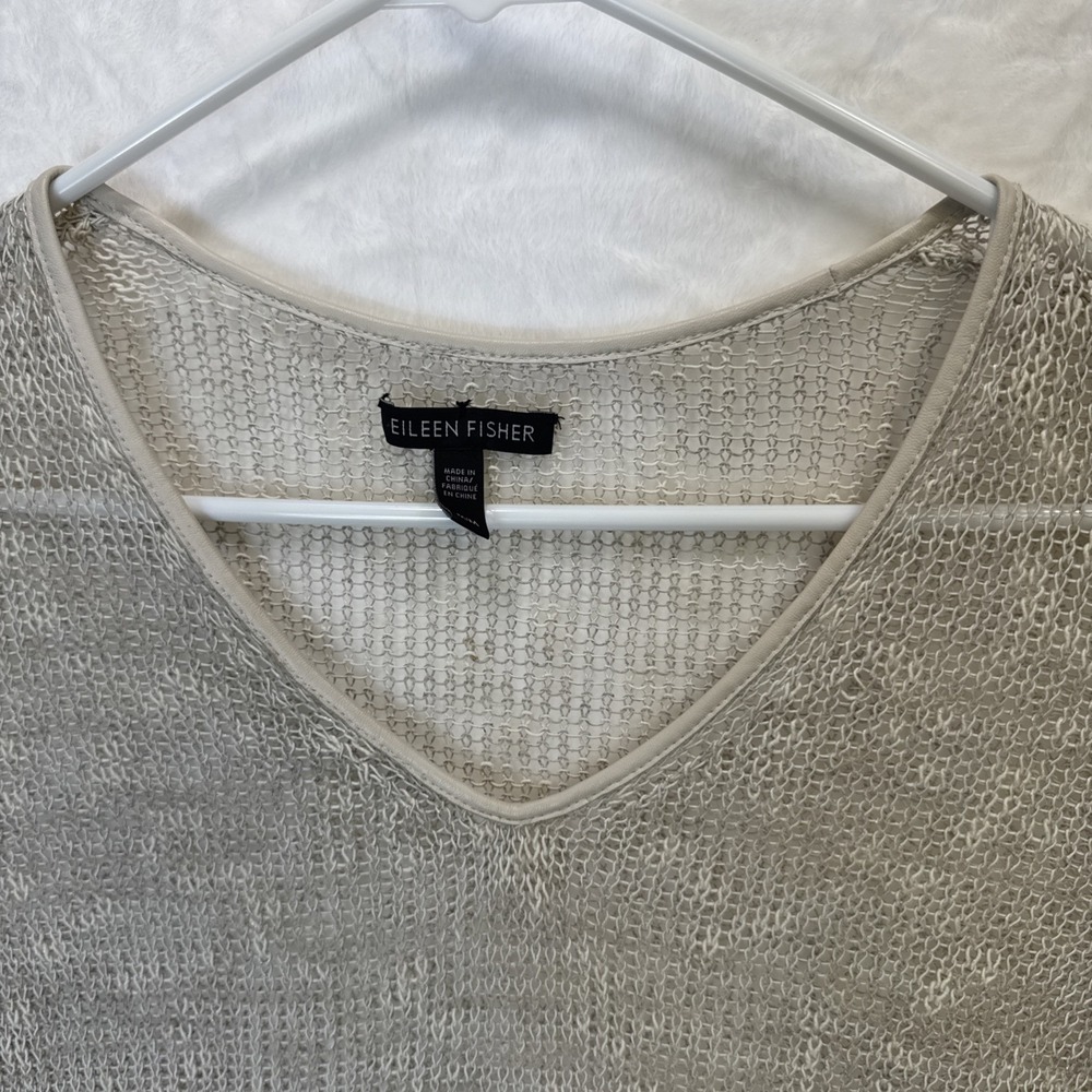 EILEEN FISHER Sweater Medium Beige Open-Weave Tunic Linen Blend Leather Trim - Picture 3 of 10